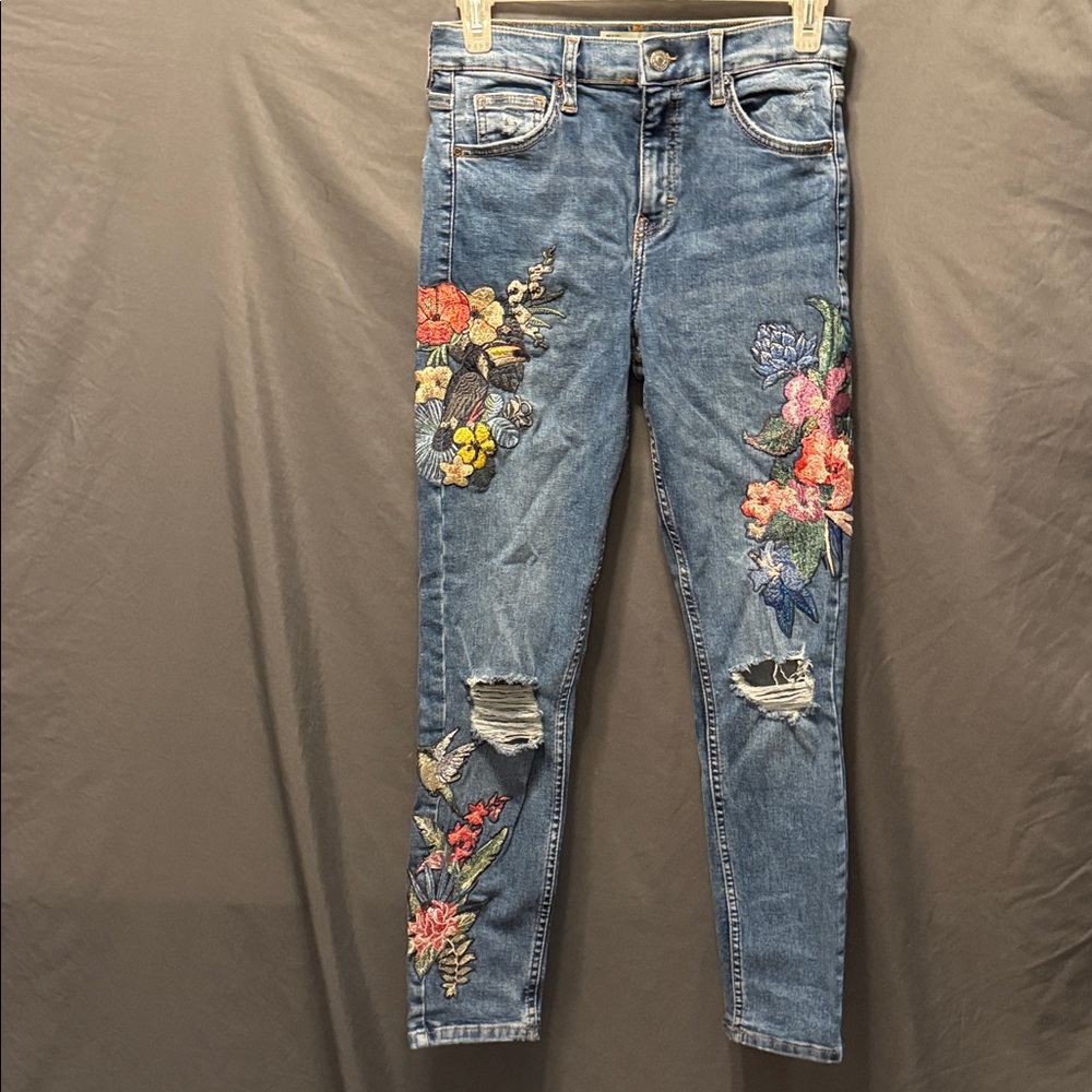Topshop Blue Floral Embroidered Skinny Jeans